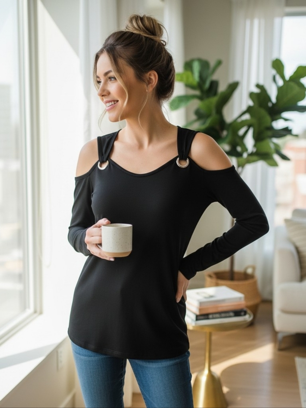 Sophisticated Noir Sleeveless Top with Silver Buckles Sz Small